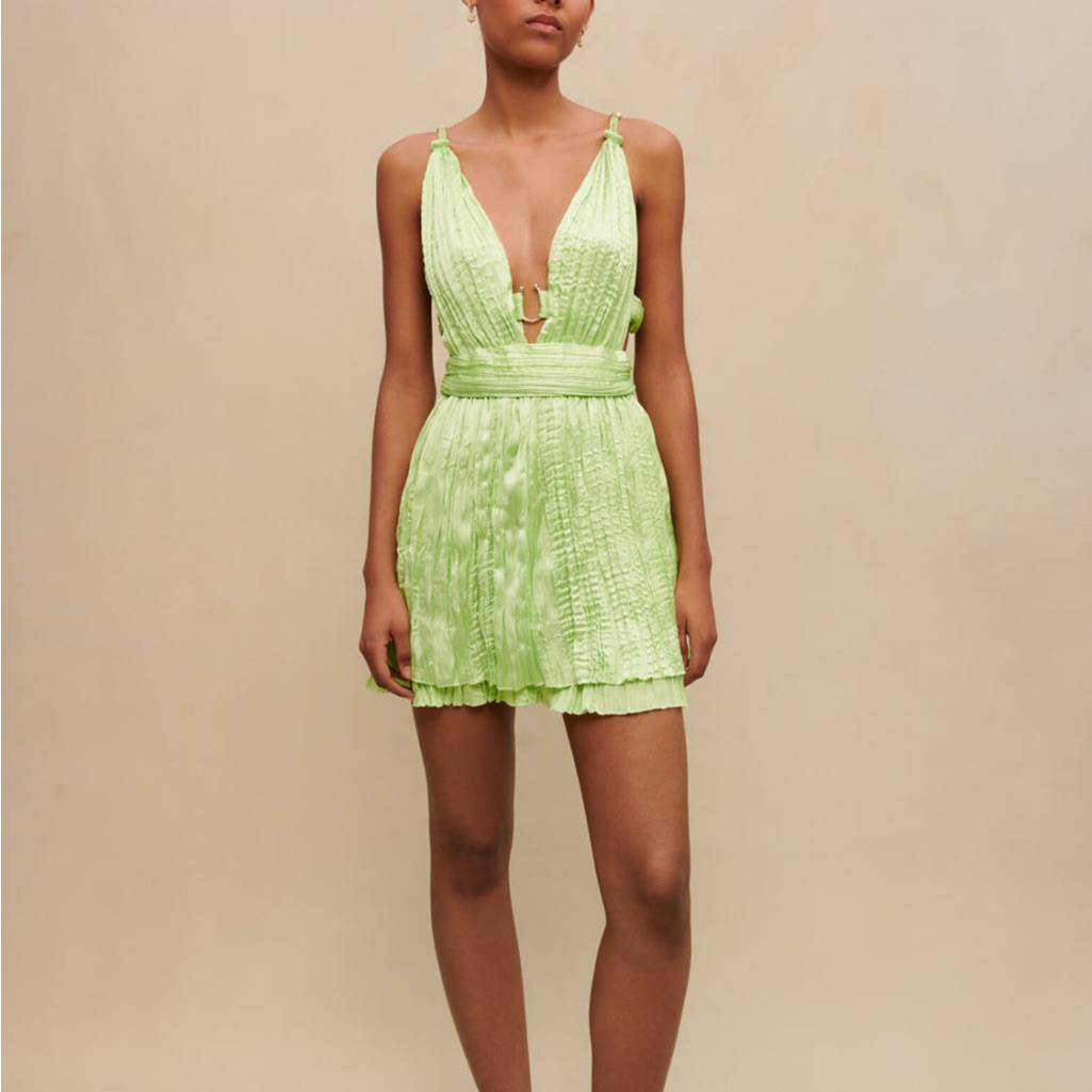 Maje Lime Green Plunging V-Neck Mini Dress With Waist Band